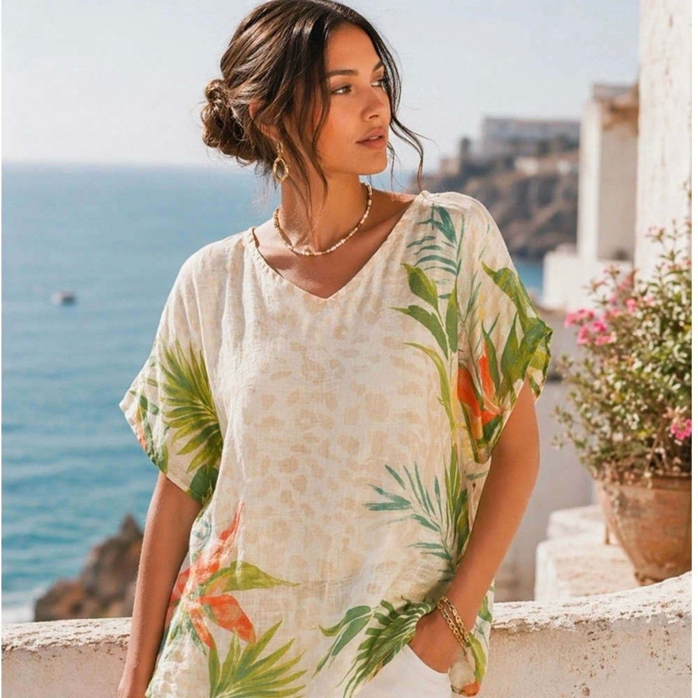 Chico's Tropical Palm Leaf Leopard Print 100% Linen Poncho Top Size S/M V-Neck